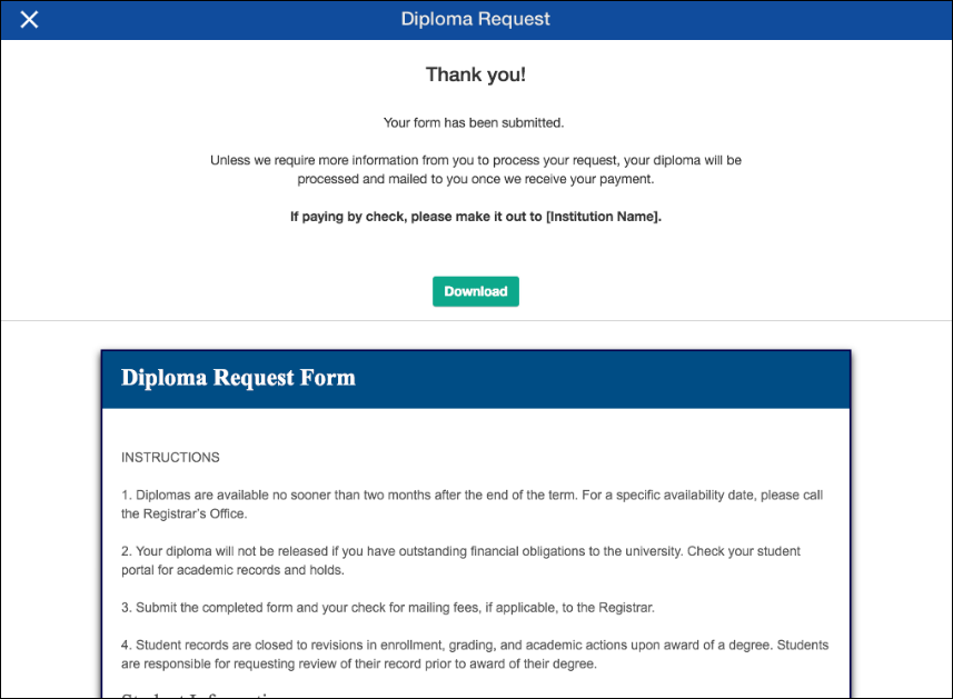 On the Thank You Page, press "Download" to download a copy of your form or "Email" to email a copy. Thank You Page
