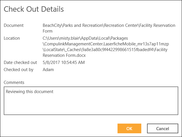 View the details of a checked out document. Check Out Details
