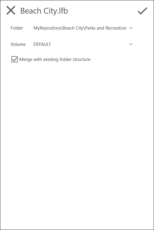 Define the folder and volume for the imported briefcase. Briefcase Import Options