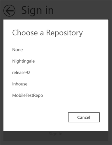 After entering a Server URL, a list of available repositories will appear. Press the repository you want to connect to. Choose a repository