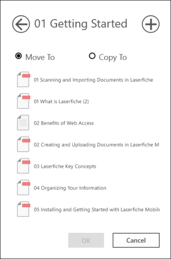 Navigate to where you want to move or copy the document, and press "Copy here" or "Move here." Move or Copy Documents
