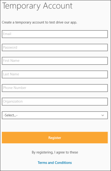 Enter your email address, a new password, your first name, last name, phone number, organization, country, and state (if applicable). Temporary Account
