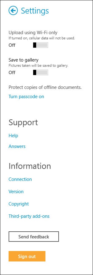 Press "Turn passcode on" to require a password to access copies of documents offline. Settings Page